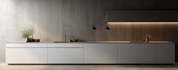 Modern long kitchen with table, minimalistic design.  Without people with a counter and chairs, a widescreen image