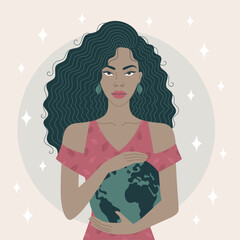 This minimalist flat art illustration features an African woman holding the Earth in her hands, portraying a powerful concept of protecting the planet. Vector illustration.