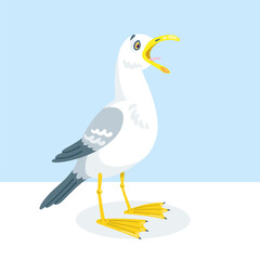 A funny white seagull screams. In cartoon style. Isolated on blue background. Vector flat illustration