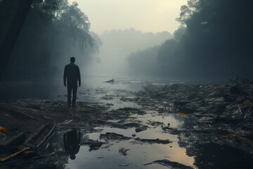 A polluted river with a lone figure standing beside it, showcasing the consequences of water contamination, the environmental degradation