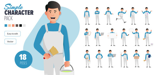 Simple flat male painter decorator worker vector character in a set of multiple poses. Easy to edit and isolated on a white background. Modern trendy style character mega pack with lots of poses.