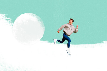 Placard poster 3d photo collage of cheerful positive girl running away huge rolling snowball...