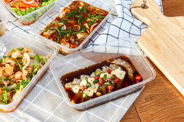 Korean style pickled prawns or Korean soy sauce pickled shrimp in box - Asian food style. as a takeaway