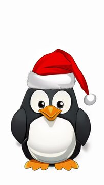A cartoon penguin in a red Santa Claus hat is saying something on a white background. Christmas and New Year celebration concept. High quality 4k footage.