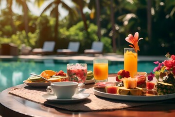 Colorful tropical breakfast on table in poolside restaurant - obrazy, fototapety, plakaty