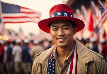 Handsome asian men celebrate american day, flag and blurred crowd of people on the background