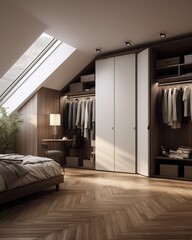 modern closet with wooden floor, wardrobe doors and a bed