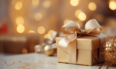 Festive Surprise, New Year's Gift with Ribbon and Bow - Unwrapping Moments of Happiness.