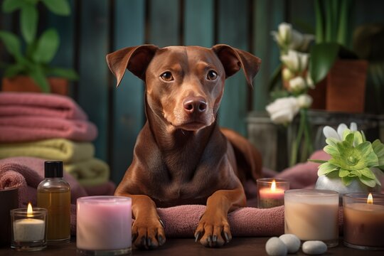  Cute pet relaxing in spa wellness . Dog among the spa care items and plants. Funny concept grooming, washing and caring for animals. Dog grooming.