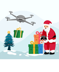 Vector of a modern santa claus controlling a drone with gift boxe delivering a present