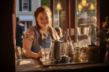 Jeune femme trisomique serveuse dans un café ou restaurant de ville - obrazy, fototapety, plakaty