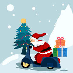 Santa Claus delivering Christmas gifts on a scooter.Isolated elements easy to use. New Year and holiday design. Vector illustration.