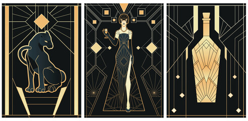 illustrations of art deco style in black and gold colours	 - obrazy, fototapety, plakaty