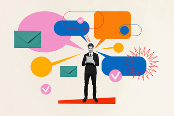 Creative poster collage of businessman working communication startup read email speech bubble...