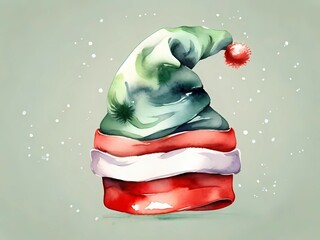 Watercolor Christmas hat Illustration. This image is perfect for christmas cards or invitations. A winter holiday hat in watercolor art with red and green colors

