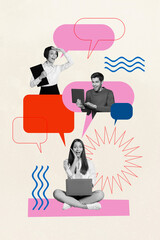 Vertical collage picture of black white colors astonished people use laptop chatting dialogue bubble isolated on drawing background