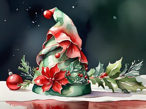 Watercolor Christmas hat Illustration. This image is perfect for christmas cards or invitations. A winter holiday hat in watercolor art with red and green colors

