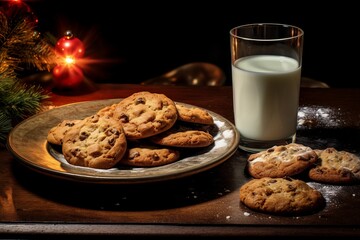 traditional christmas milk in glass, jug with cookies on Christmas lights background. A gift for...