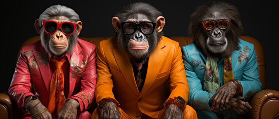 Funky Monkey: Schicke Schimpansen mit modischem Outfit - obrazy, fototapety, plakaty