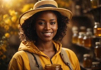 Gordijnen Black women wearing beekeeper costume and hat, bee and bottle of honey on the background © MochSjamsul