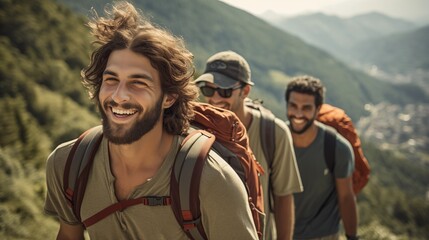 Young cheerful diverse male friends hiking in summer mountains at daylight traveling for for healthy lifestyle
