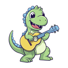 Cute green dinosaur with guitar cartoon character vector illustration