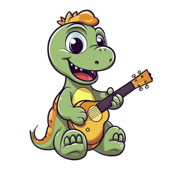 Cute green dinosaur with guitar cartoon character vector illustration