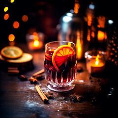 Mulled wine with cinnamon, star anise and orange, festive atmosphere. Generative AI