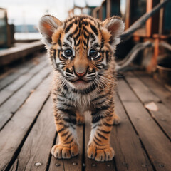 A baby tiger walking on a dock 