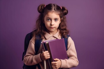 Cute young girl holding books. Happy kid school face casual. Generate Ai