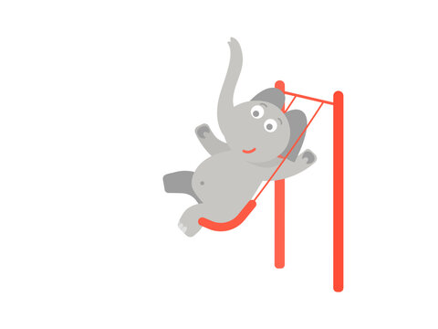 Funny elephant character swings on a swing.