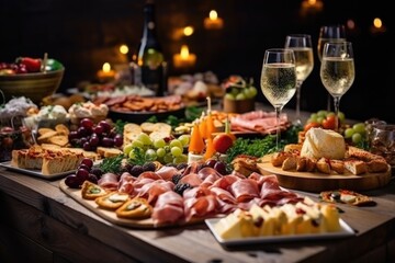 Light snacks in a plate on a buffet table. Assorted mini canapes, delicacies and snacks, restaurant food at event. A gala reception. Decorated delicious table for a party goodies. - 682400728