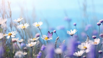 Butterfly on Wildflowers in a Dreamy Meadow at Dawn