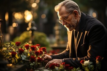 Elegant sad elderly man grieves at the grave of a loved person - obrazy, fototapety, plakaty