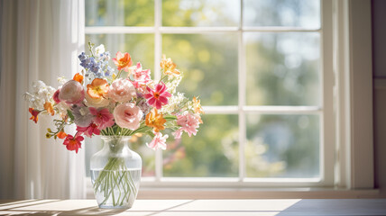 Sunlit Bouquet of Colorful Flowers by a Window
