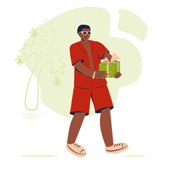 Young black man with gift. Winter holidays on beach. Young adult in summer clothes with present box on the beach. Christmas concept illustration.