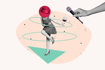 Collage pop of abstract illustration young lady dancing in stylish vintage dress party clubbing...