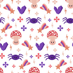Cozy magical seamless pattern with mushroom. Flat kawaii elements on white background. Witch related items. Graphic print design for wrapping paper, kids textile, background, banner, stationary