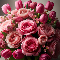 A photo of a beautiful bouquet consisting of pink roses and pink tulips. The roses are full and lush, with deep pink petals