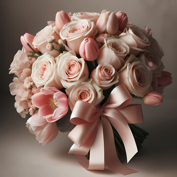 A photo of an exquisite bouquet composed of light pink roses and light pink tulips, tied together with a pink bow