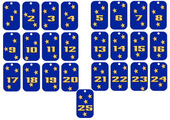 25 Christmas advent calendar labels - blue colour, size 3x5 mm decorated with three-dimensional yellow stars in relief, golden tubular numbers, ready to print on A4 sheet.