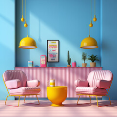 modern pop art living room or cafe in yellow pink light blue