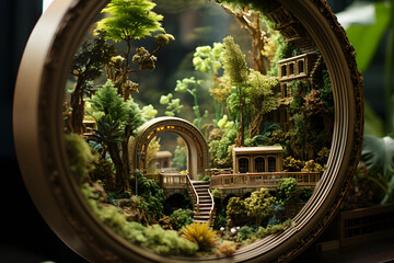 a magnified lenses view plant in the garden and a beautiful bridge and a house in forest and in the background there is green garden show very peaceful environment