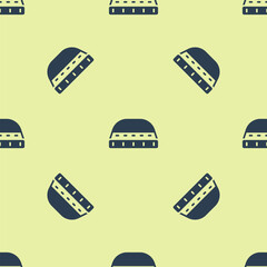 Blue Muslim hat for prayer icon isolated seamless pattern on yellow background. Islamic religious hat. Vector