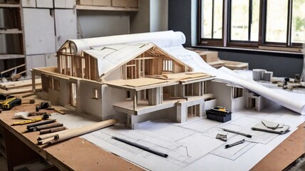 The blueprints of a residence on a worktable during the renovation