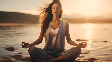 A girl does yoga on the ocean