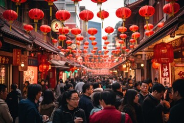 city street decorated with red Chinese lanterns to celebrate Chinese New Year