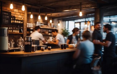 Baristas crafting artisanal coffee as customers chat and enjoy their drinks in a bustling café showcasing fast movement of people - obrazy, fototapety, plakaty