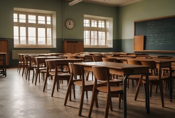Fototapeta na wymiar Empty classroom with vintage wooden lecture desks and chairs, back to school concept in high school, secondary education studying
