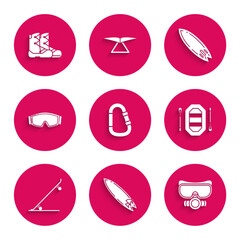 Set Carabiner, Surfboard, Diving mask, Rafting boat, Skateboard, Ski goggles, and Boots icon. Vector